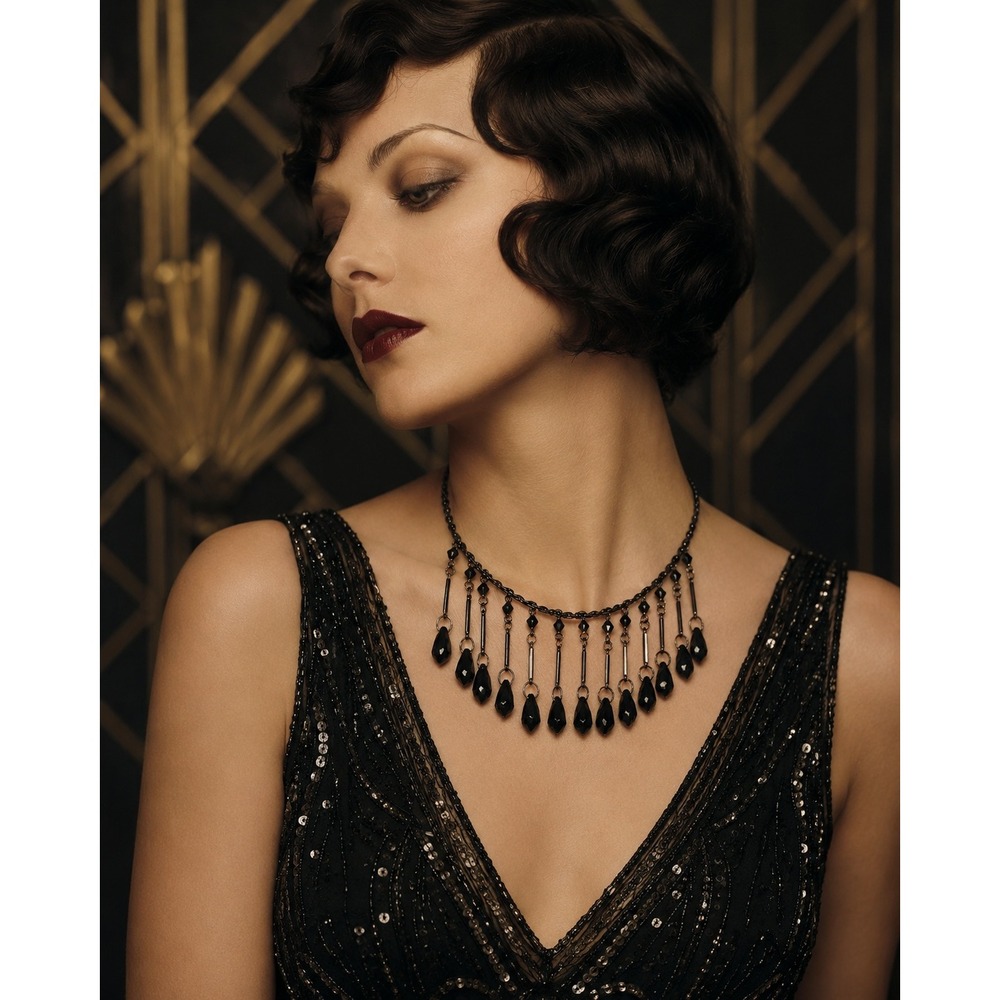 Vintage 90s Art Deco Style Black Teardrop Fringe Bib Necklace Gunmetal